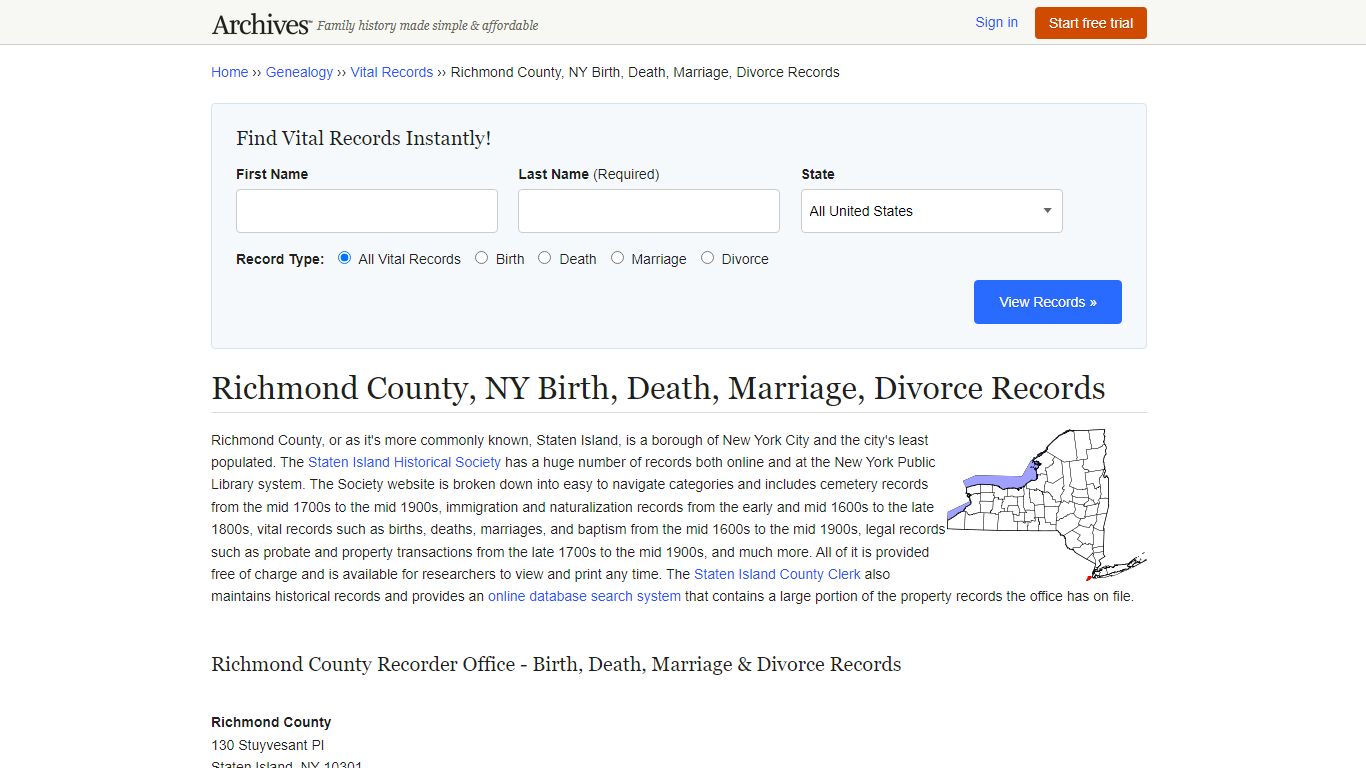 Richmond County, NY Birth, Death, Marriage, Divorce Records